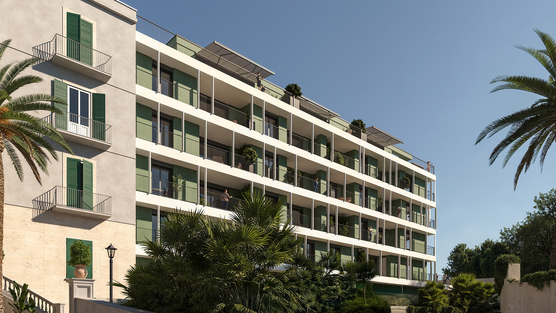 Edificio residenziale contemporaneo visibile in lontananza