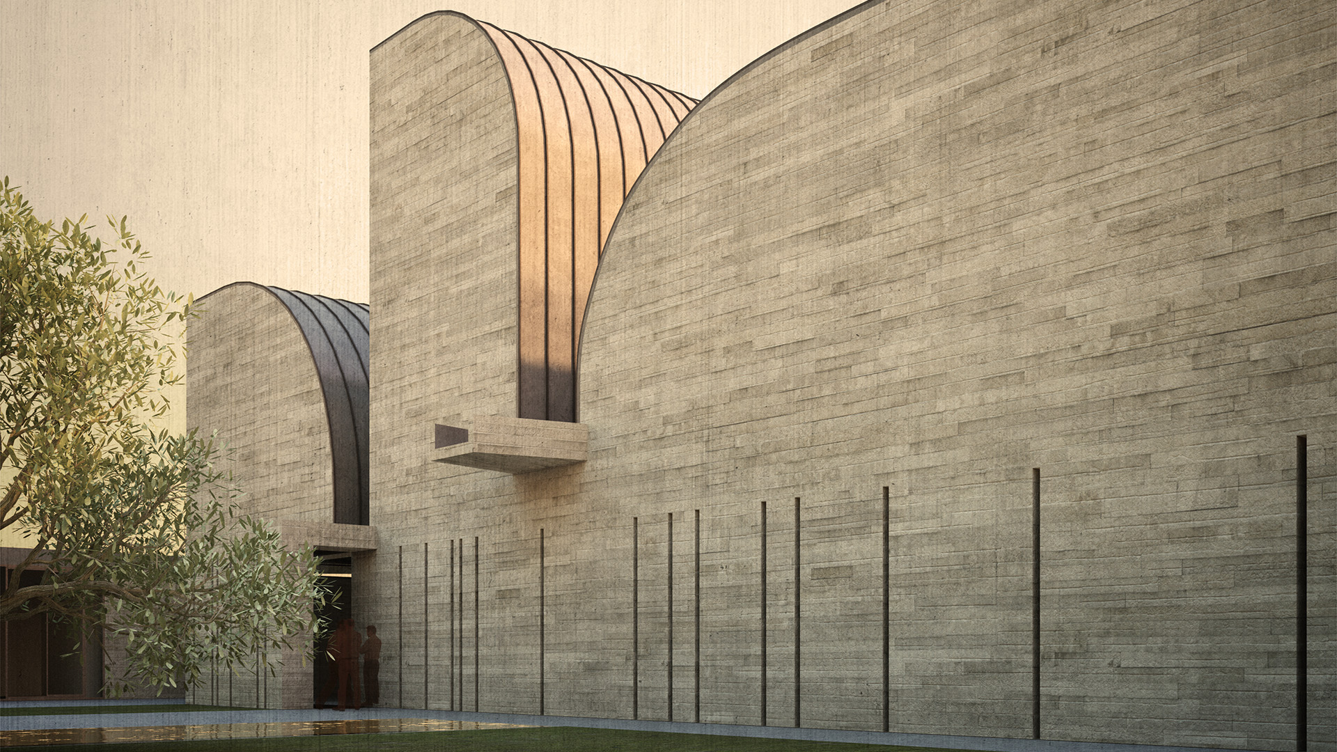 Vista laterale di edificio ecclesiastico con linguaggio contemporaneo