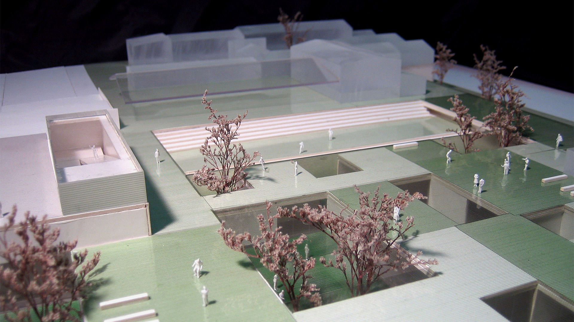 Modello architettonico di un edificio con vegetazione e prato