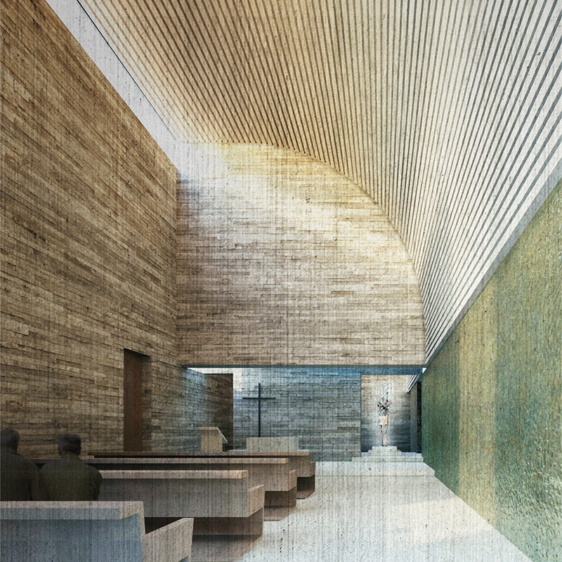 Interno di una chiesa, navata con sedute, luce zenitale